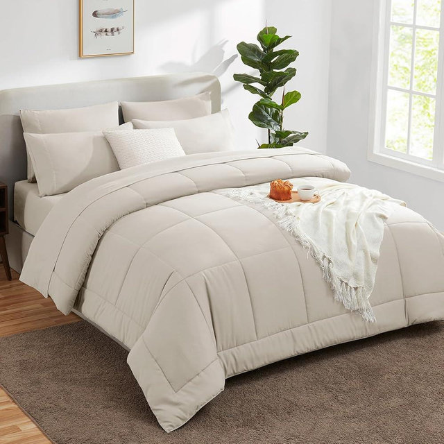 CozyLux King Size Comforter Sets - 7 Pieces Bed in a Bag Set Beige, Bedding Sets King with All Season Quilted Comforter, Flat Sheet, Fitted Sheet, Pillowcases, Beige, King