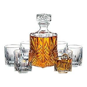 Paksh Novelty 7-Piece Italian Crafted Glass Decanter & Whisky Glasses Set, Elegant Whiskey Decanter with Ornate Stopper and 6 Exquisite Cocktail Glasses