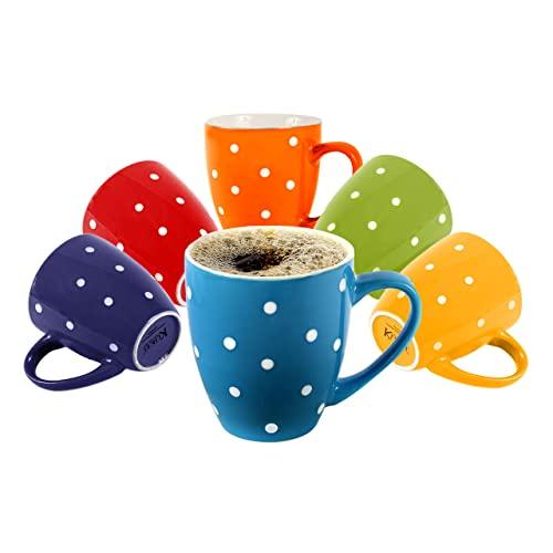 Klikel 6 Polka Dot Coffee Mugs Set - 16oz Flat Bottom Porcelain Dinnerware - Bright Polka Dot Colors