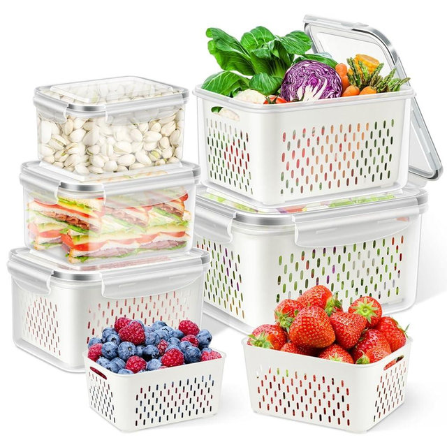 TBMax 10 Pieces Fruit Storage Containers for Fridge Organizers and Storage, 5 Pack Large Produce Saver with Airtight Lid & Colander for Berry Lettuce Salad Vegetable Storage, Refrigerator Organizer