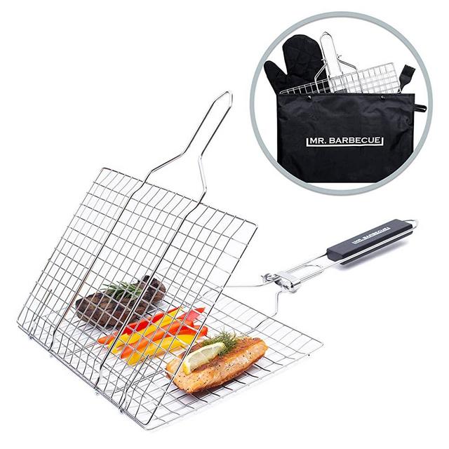 Mr. Barbecue Stainless Steel Folding Grill Basket with Brush and Heat-Resistant Glove - Portable Outdoor Camping BBQ Accessories for Chicken, Meat, Fish, Steak, Vegetables, Kabobs, Chops, Seafood