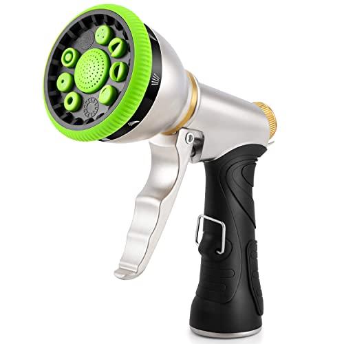 AMBOR Water Hose Nozzle Spray Nozzle, Heavy Duty Metal Garden Hose Nozzle High Pressure Nozzle with 9 Adjustable Patterns, Perfect for Watering Plants, Washing Cars and Showering Pets