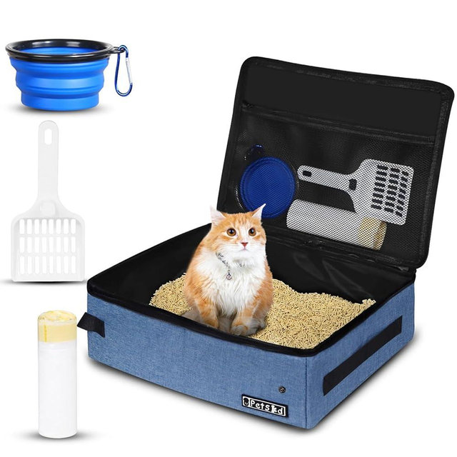 Petskd Portable Cat Travel Litter Box with Lid and 10 pcs Disposable Liner Bags, Leak-Proof and Collapsible, Cat Travel Essentials for Car, Hotel, Airplane and Other Outdoor Use(Blue)