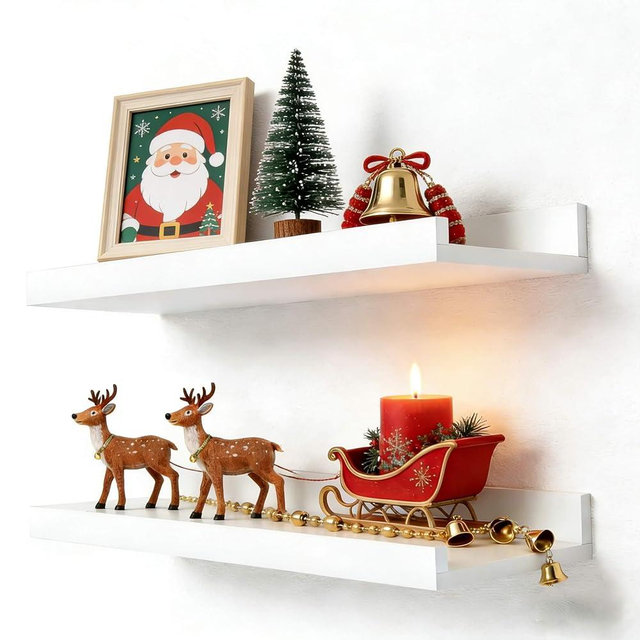 Solrot White Floating Shelves for Wall Decor, Wall Mounted Wood Storage Shelf for Bedroom, Living Room, Bathroom, Kitchen, Nursery, Display Picture Ledge Shelf with Lip Set of 2-14 Inches, White