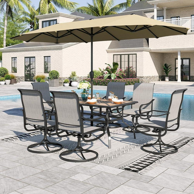 Sophia & William Patio Set with Umbrella Patio Dining Set for 6 with 13ft Rectangle Patio Umbrella Beige, 6 x Patio Chairs Grey, 1 Wood Like Outdoor Dining Table with Umbrella Hole for Lawn Garden