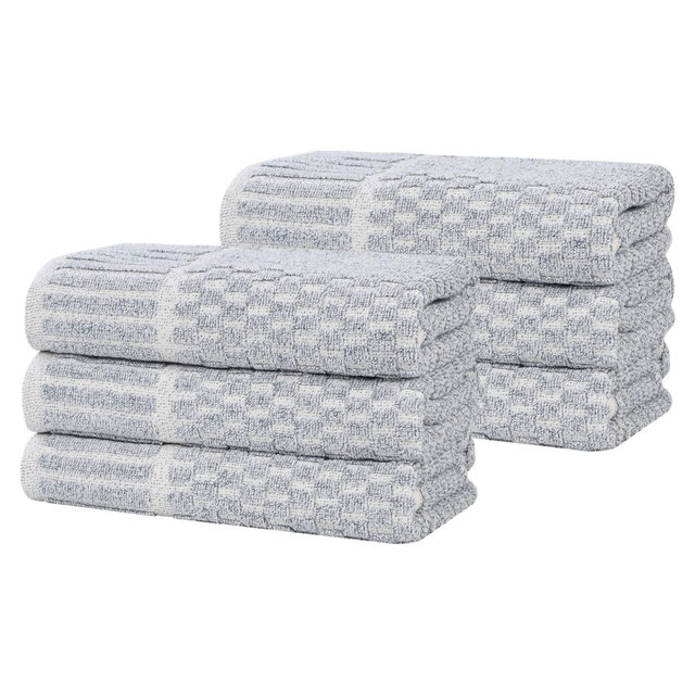 Viscose Cotton Blend Medium Weight Soft Textured Checkered Ribbed Border Hand Towels, Set of 6, Denim Blue - Blue Nile Mills