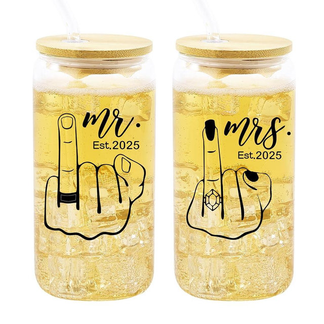 TOJIA Wedding Gifts for Couples 2025 – Mr and Mrs Gift, Funny Bridal Shower Gift, Wedding Gifts for Newlywed Bride and Groom Ring Finger Beer Can Glasses Set