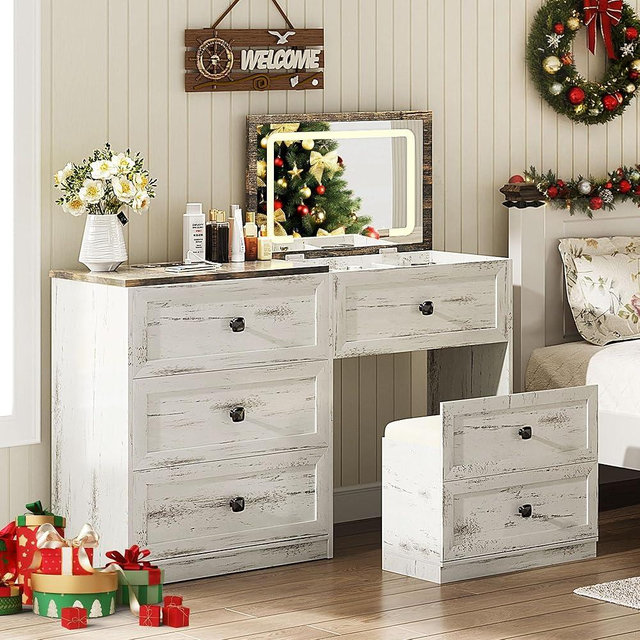 Gurexl 3-in-1 Vanity Desk with Flip Top Mirror and Lights, Makeup Dressing Table with Gun Drawer and Charging Station, Bedroom Dresser Vanity with Chair and Hidden Storage (Antique White)