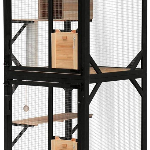FunXplore 4 Tiers 70.9" H Cat Catio Cat House Outdoor Enclosure Window Large Outside Patio with Removable Floor, Scratching Post Sisal Ball 4 Wheels Waterproof Roof