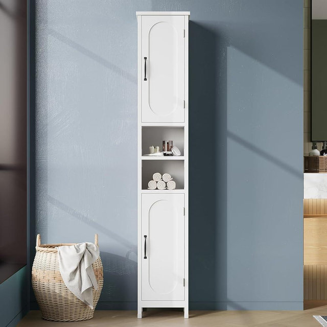 Hawkrown 67" Tall Bathroom Storage Cabinet with Lights, Slim Narrow Bathroom Cabinet Organizer with Doors and Adjustable Shelves, Tall Cabinet for Small Space, Living Room, Kitchen, White