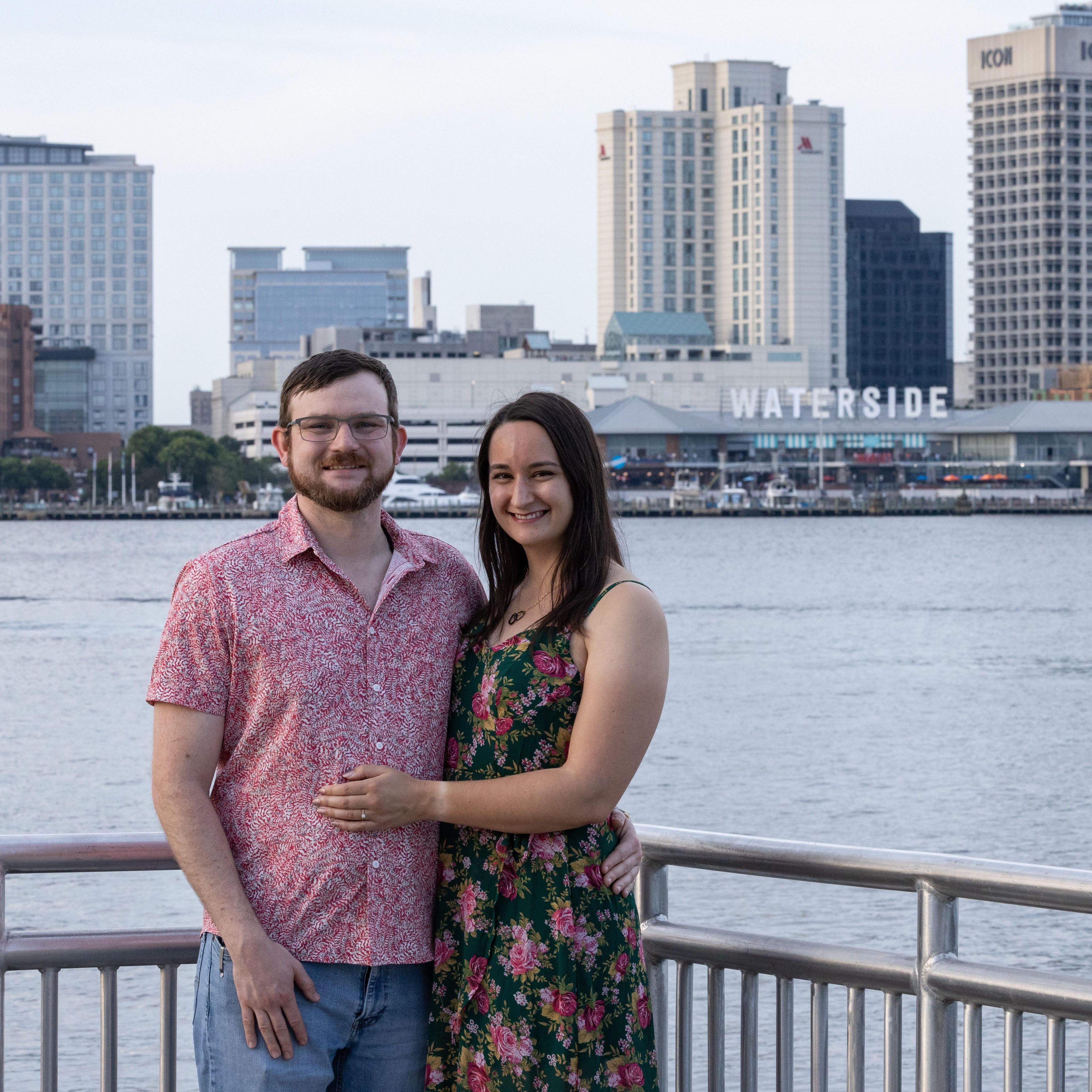 Engagement photos in Portsmouth across the Elizabeth River from downtown Norfolk, May 2023