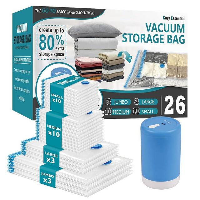 Vacuum Storage Bags with Electric Pump, 26 Pack (3 Jumbo/3 Large/10 Medium/10 Small) Vacuum Seal Space Saver Bags for Clothing, Pillows, Blanket, Bedding, Comforters