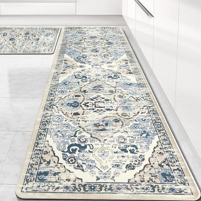 Ileading Blue Kitchen Mats for Floor 2 Piece 17"x28"+17"x59" Boho Anti Fatigue Mats Non Slip Cushioned Floor Mat for Standing Desk Thick Memory Foam Kitchen Runner Rug for Kitchen, Floor, Sink