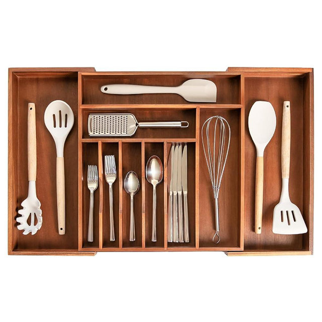 KitchenEdge Premium Silverware, Flatware and Utensil Organizer for Kitchen Drawers, Expandable 16 to 28 Inches Wide, 10 Compartments, Food-Safe Premium Acacia Wood Finish Kitchen Storage Tray