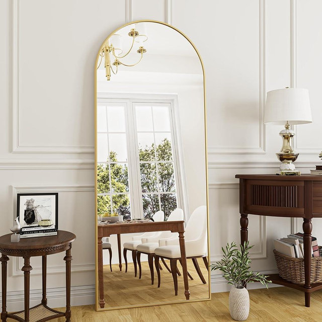Rowjut Full Length Mirror Arched Floor Length Mirror, 71"x26" Large Full Body Mirror with Stand, Arch Wall Mounted Mirror, Standing Mirror for Bedroom Living Room, Aluminum Frame, Gold