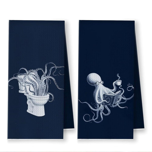 YRDBGHZDF Navy Blue Coastal Beach Octopus Hand Towels, Octopus Bathroom Decor, Nautical Ocean Animal Decorative Hand Towel for Bathroom, Coastal Beach Kitchen Towels, 16x24 Inch Set of 2