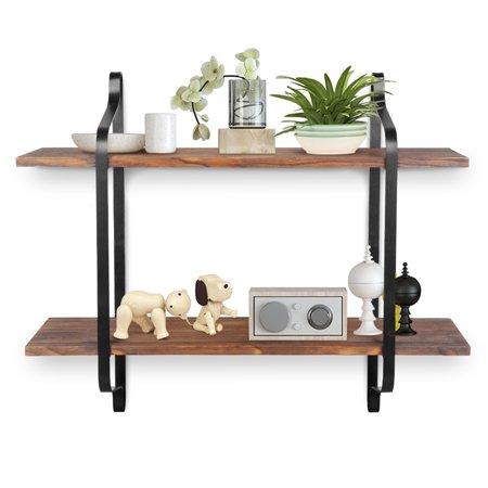 WALFRONT 2 Tier Floating Shelves Wall Mounted Bookcase Heavy Duty Wine Shelf Rustic Wood Wall Shelves for Living Room Bedroom Bathroom