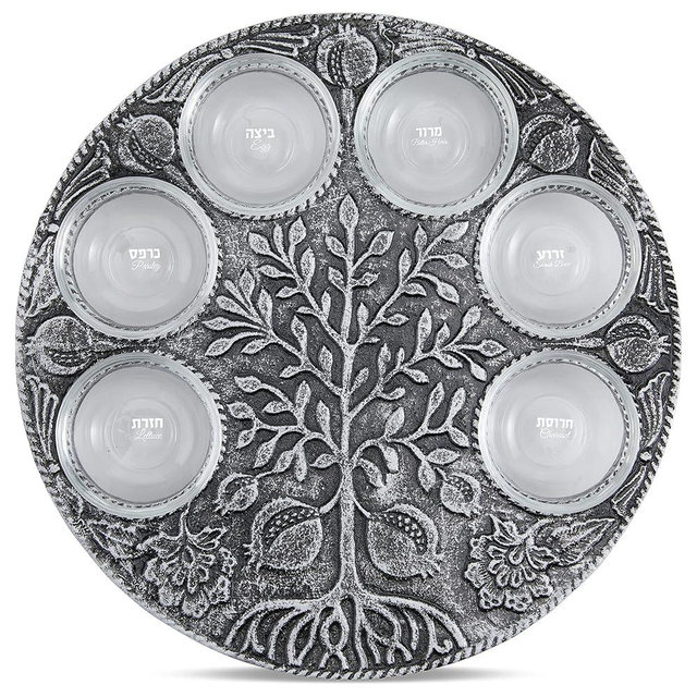 Artistic Vintage Passover Seder Plate - Engraved Pomegranate Tree of Life Design Includes 6 Glass Plates Marked with Symbolic Foods - 12.5" Metal Pesach Plate Passover Decorations By Zion Judaica