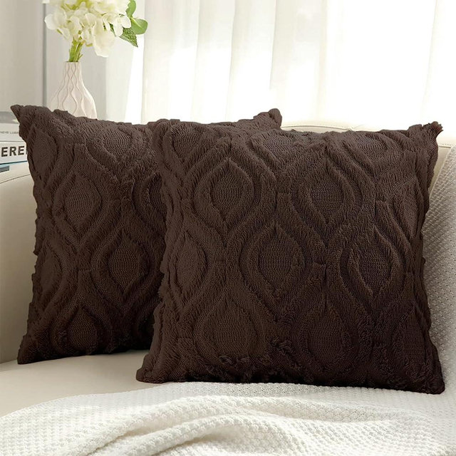 decorUhome Decorative Throw Pillow Covers 18x18, Soft Plush Faux Wool Couch Pillow Covers Set of 2, Brown