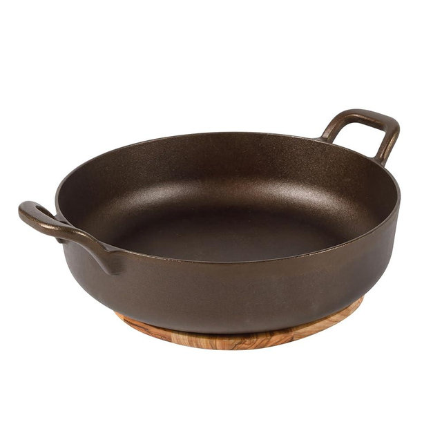 Bloomhouse - Two Time Oprah's Favorite Things Winner - Natural Bronze Finish 13" Round Cast Iron Everyday Pan – Olive Oil Treated Surface w/Dual Handles Olive Wood Trivet Oven Stovetop Campfire Safe
