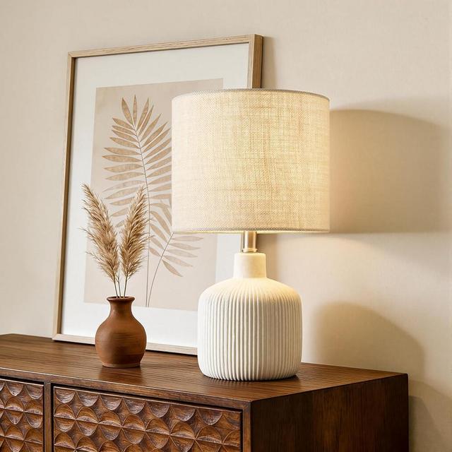 KAWOTI Ceramic Table Lamp, 17.75" Rustic Farmhouse Bedside Lamp with Beige Linen Shade, Warm Ambient Nightstand Lighting for Bedroom or Living Room, Off-White