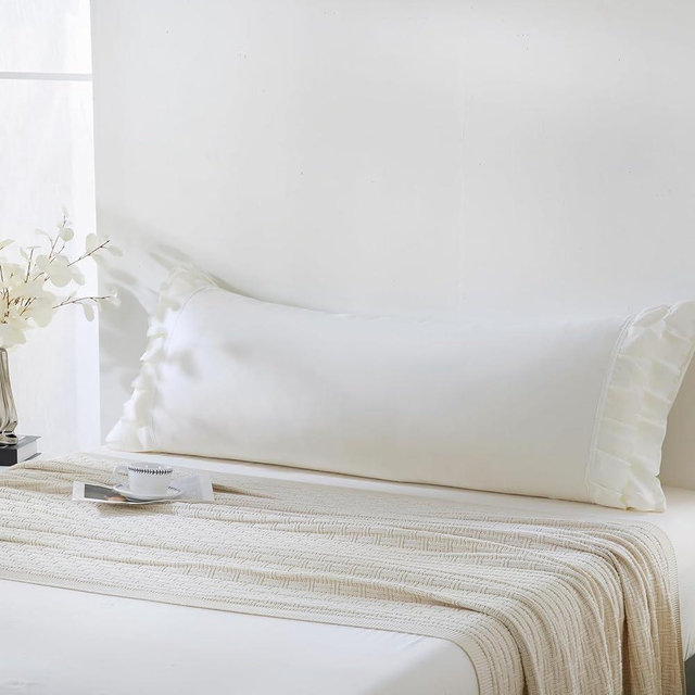 Bedbay Ivory Ruffle Body Pillowcases - Cream Decorative Long Pillow Shams for Bed - French Country Vintage Shabby Chic Boho Body Pillow Covers 1 Pack