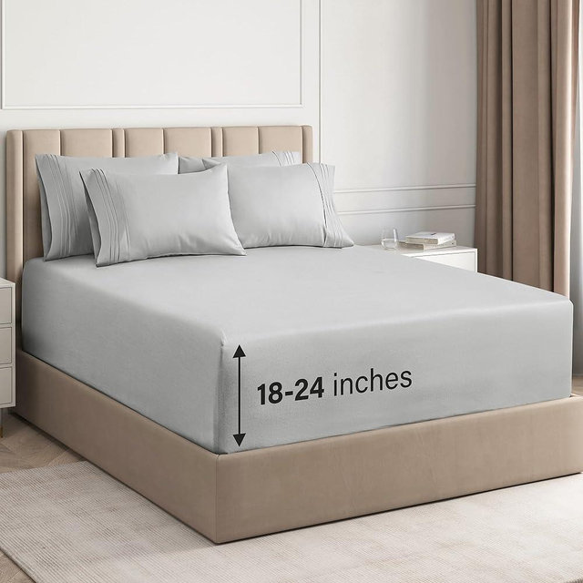 Extra Deep Cal King 6 Piece Bedding Sheet Set - Breathable & Cooling - Hotel Luxury Bed Sheets Set - Easy Fit - Soft, Wrinkle Free & Comfy French Grey Bedding Sheets - Extra Deep Pockets Bed Sheet Set