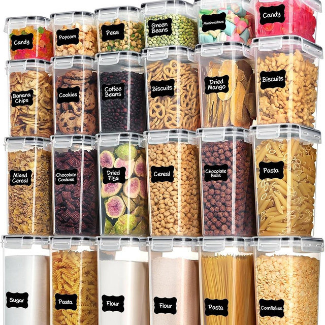 Airtight Food Storage Containers with Lids, Vtopmart 24 pcs Plastic Kitchen and Pantry Organization Canisters for Cereal, Dry Food, Flour and Sugar, BPA Free, Includes 24 Labels，Black
