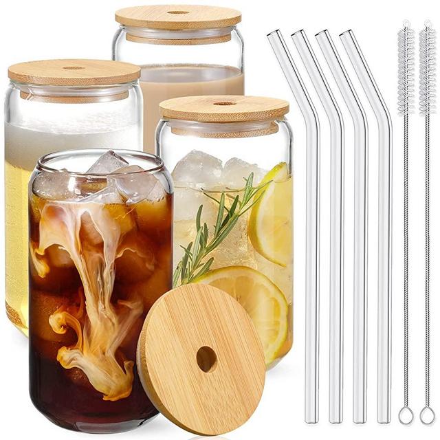 Drinking Glasses with Bamboo Lids and Glass Straw 4pcs Set - 16oz Can Shaped Glass Cups, Beer Glasses, Iced Coffee Glasses, Cute Tumbler Cup, Ideal for Cocktail, Whiskey, Gift - 2 Cleaning Brushes