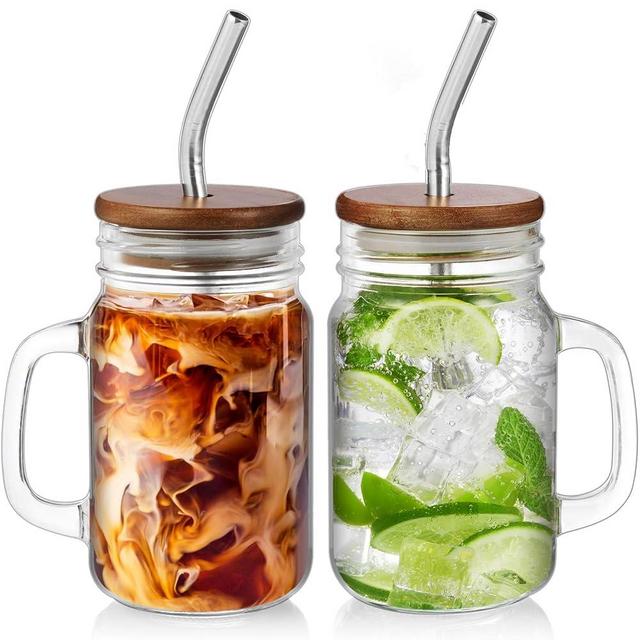 DRASTAR Iced Coffee Cup, 16 oz Mason Jar Cups with Handle, Small Glass Coffee Mugs with Straws and Acacia Lids, Drinking Glass Cups Set of 2, Smoothie, Overnight Oats Containers