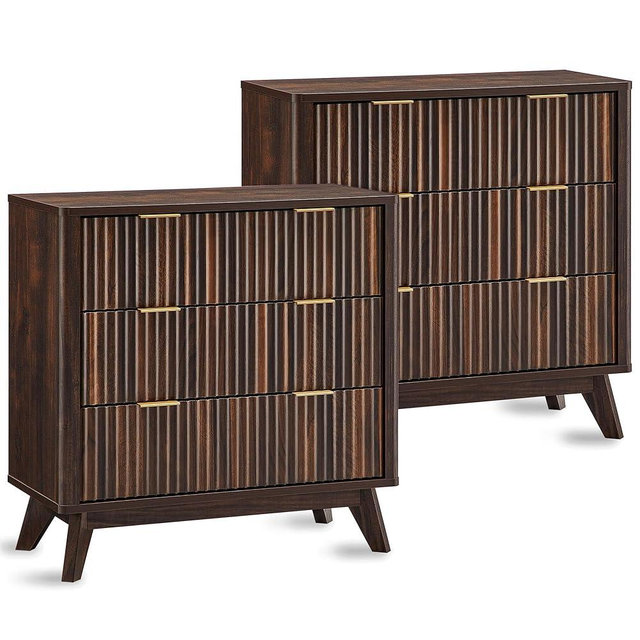 T4TREAM Fluted 3 Drawers Nightstand Set of 2, Oversized Extra Large Modern Side Table, End Table Bedside for Bedroom, Living Room, Curved Profile Design, Dark Walnut
