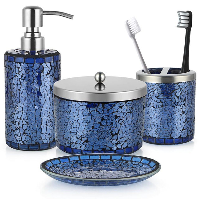 Sanbege 4 Pcs Mosaic Glass Bathroom Accessories Set, Modern Luxury Bath Ensemble, Includes Soap Dispenser, Cotton Swab Jar, Toothbrush Holder, Soap Dish (Shiny Blue)