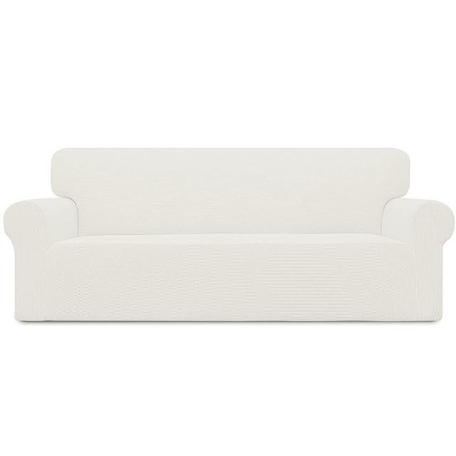 Easy-Going Stretch Sofa Slipcover 1-Piece Sofa Cover Furniture Protector Couch Soft with Elastic Bottom for Kids, Polyester Spandex Jacquard Fabric Small Checks (Sofa, Cream)