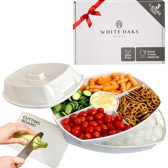 15" Stone-Colored Chilled Serving Tray - 3-Tier Ice Party Platter with 4 Compartments, Ice Tray & Lid, BPA-Free Melamine, Dishwasher & Freezer Safe for Fruits & Vegetables - Cutting Board Included