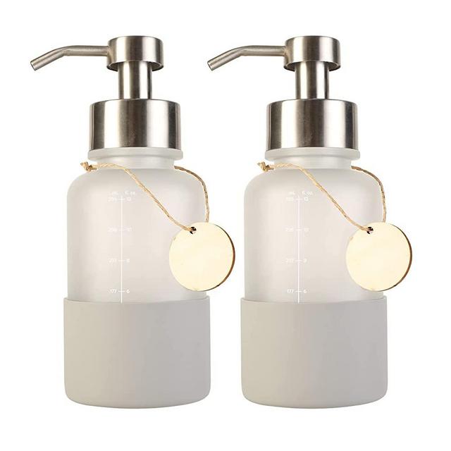 Roetell Glass Foam Soap Dispenser, Stainless Steel Pump Head Foam Soap Dispenser with Silicone Sleeve, Suitable for Kitchen, Bathroom, Liquid Soap(2pcs, Gray)
