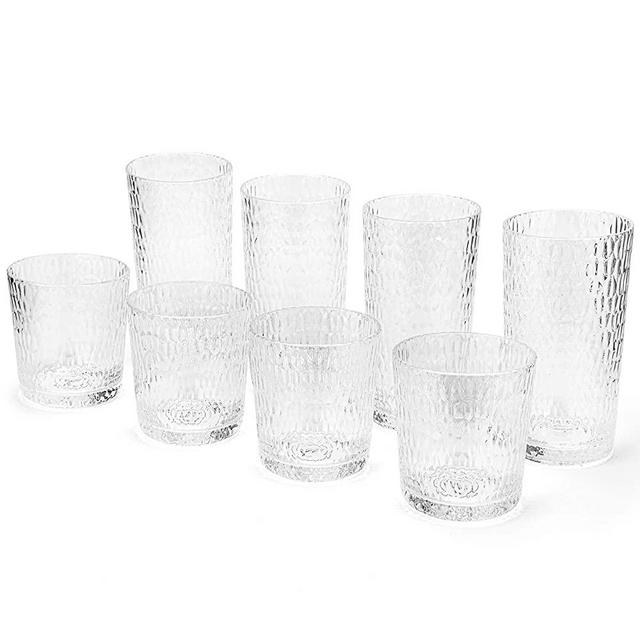 Mixed Drinkware 15-ounce and 22-ounce Plastic Tumbler Acrylic Glasses with Honeycomb Design, set of 8 Clear