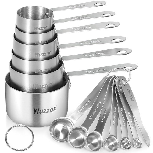 Wuzzox Stainless Steel Measuring Cups & Spoons Set of 13, Stackable Metal Measuring Cups & Spoons, Kitchen Gadgets for Cooking & Baking