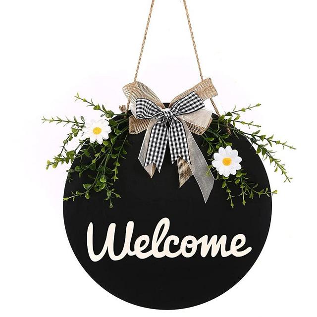 ANTS TRIBE Welcome wreath sign - farmhouse front porch decoration, welcome family sign porch hanging spring decors housewarming holiday gift home decoration 12 x 12 inches (black)