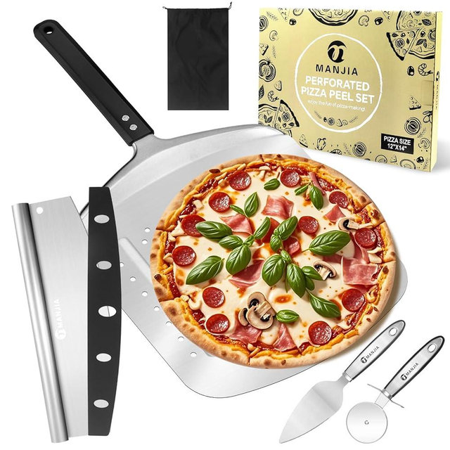 MANJIA Perforated Pizza Peel Aluminum 12 Inch Non-stick Metal Pizza Paddle with Rocker Cutter (12"x 14"), Large Pizza Spatula Paddle Set for Family & Outdoor Homemade Baking Pizza Oven (silver)