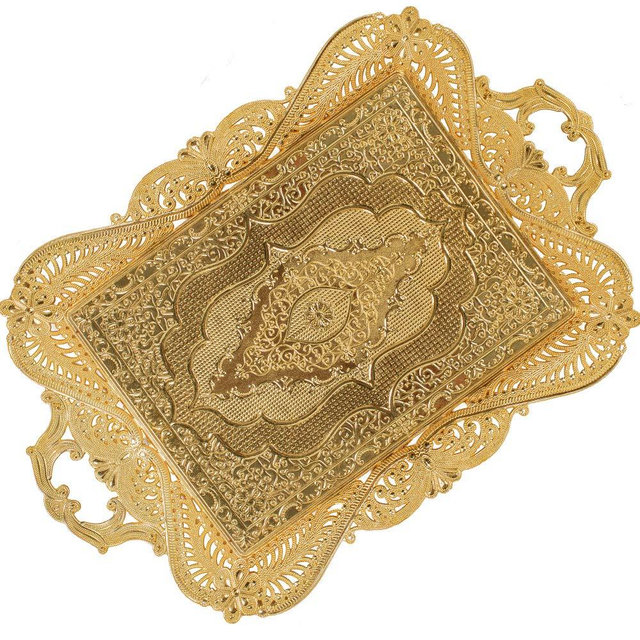 Gold Decorative Turkish Ottoman Tea Coffee Serving Tray Platter for Bar Outdoor Dresser Dessert Cups Glasses Teapot Kitchen Perfume Jewelry Table Party Espresso Vanity (15.3 inch-10.2 inch)