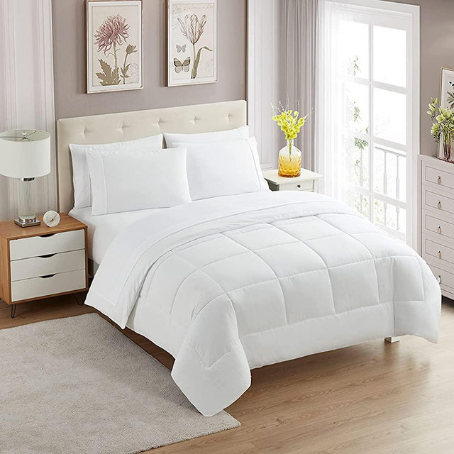 Sweet Home Collection 7 Piece Comforter Set Bag Solid Color All Season Soft Down Alternative Blanket & Luxurious Microfiber Bed Sheets, White, Queen