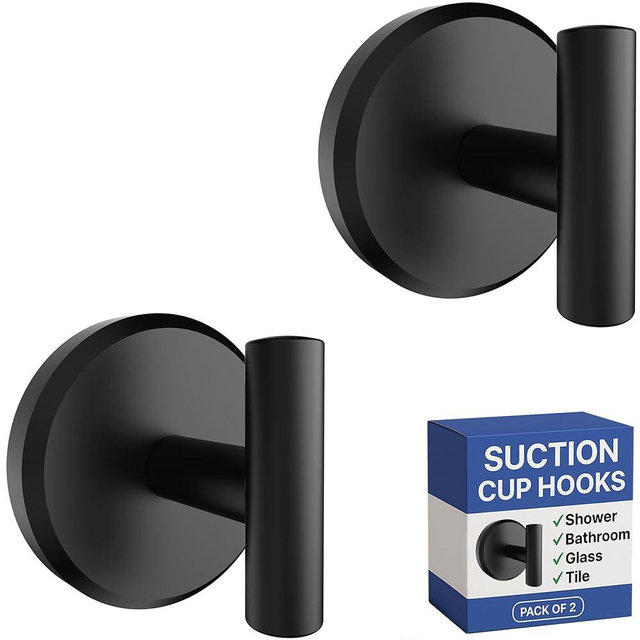 HOME SO Suction Cup Hooks for Shower & Bathroom Towel Holder 2-Pack – Suction Cups Hooks for Hanging Towels, Robes, & Coats - Tiles, Glass Door or Mirror – Shower Hooks & Towel Hooks - Black T-Shape