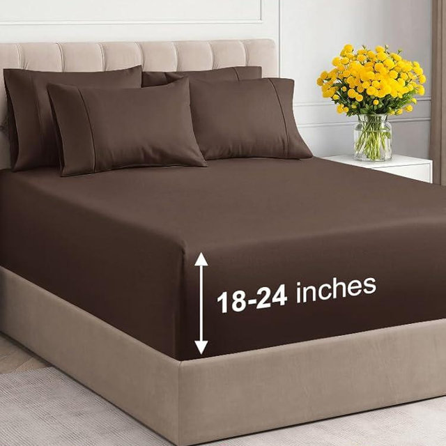Extra Deep Full Sheet Set - 6 Piece Breathable & Cooling Sheets - Hotel Luxury Bedding Set w/18-24 Inch Extra Deep Pockets - Easy & Secure Fit - Super Soft, Wrinkle Free and Comfy - Brown, Full Size
