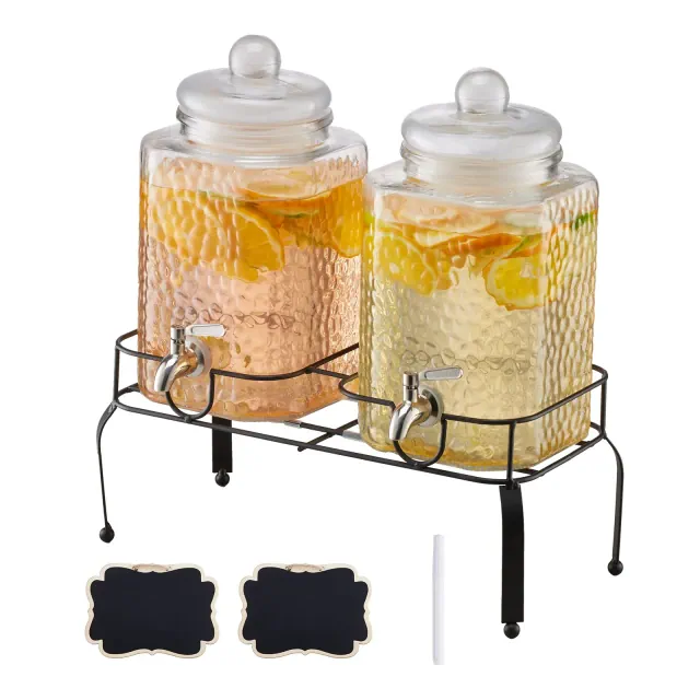 VEVOR Beverage Dispenser, 2 Pack 1.5 Gallon Drink Dispensers for Parties, Glass Juice Dispenser with Metal Stand, Stainless Steel Spigot, Clear