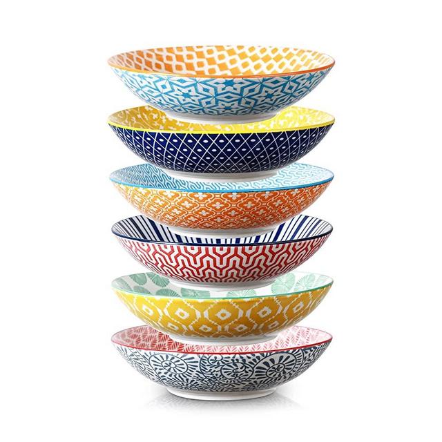 Selamica Porcelain 40oz Large Bowls 9 inch Big Pasta Salad Bowls, Microwave and Oven Safe, Assorted Colors, Set of 6