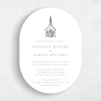 White Oval Wedding Invitation - Rustic Church Portrait