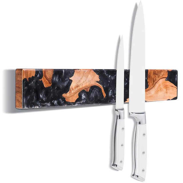 ENOKING Magnetic Knife Holder for Wall 16 Inch, Acacia Burl Wood & Black Resin Magnetic Knife Strip Bar, Powerful Magnet Kitchen Knife Storage Rack, Space-Saving Wall Mounted Organizer