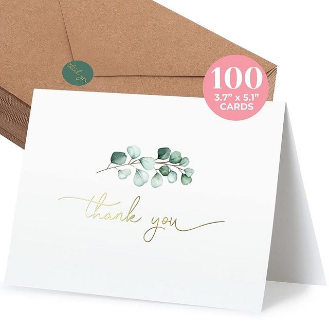 Durabasics 100 Blank Thank You Cards with Envelopes for a Personal Touch - Eucalyptus Thank You Card for Any Occasion - Bulk Thank You Cards with Envelopes & Stickers (3.7 x 5.1 Inches) (100 Pack)