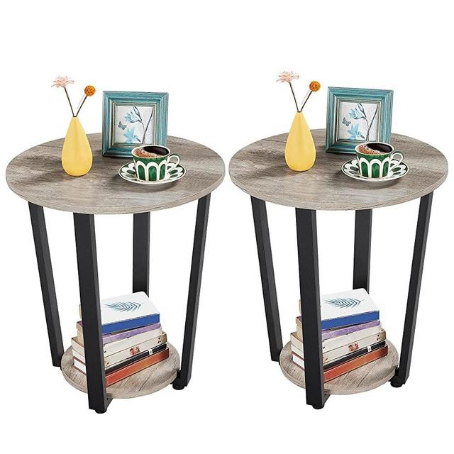 Yaheetech Farmhouse Round End Table Set of 2 for Living Room, 2 Tier Round Side Tables with Storage Shelf for Couch/Small Space, Accent Table Coffee Tray w/Metal Frame, Easy to Assemble, Gray