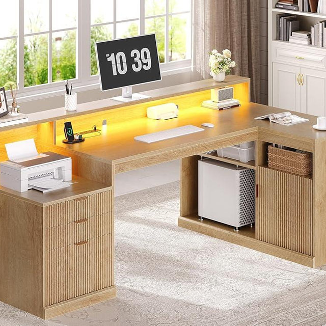 64" L Shaped Computer Desk with File Storage, Home Office Desk with LED Lights, Executive Desk with CPU & Printer Stand, Outlets for PC, Heightened Monitor Stand, Adjustable Shelf, Home Office